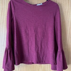Ribbed Long-Sleeve Bell Cuff Top - Burgundy